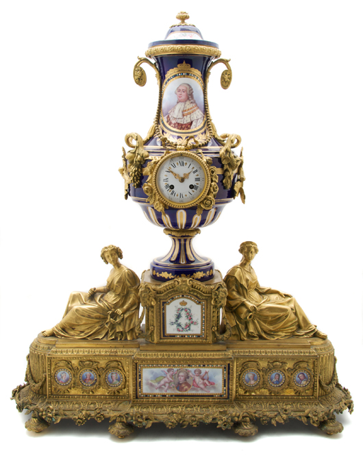 International demand continues for ornate objects decorated with Sevres-style porcelain, and they command high prices. This gilt bronze clock with a portrait of Louis XVI, second half of the 19th century, sold at a Leslie Hindman auction in January for $31,720. Courtesy Leslie Hindman Auctions, Chicago.